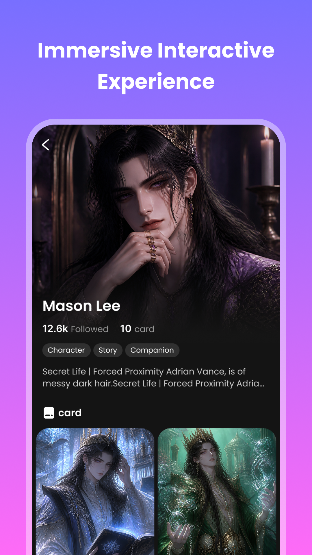 Character profile page with story cards and companion tags