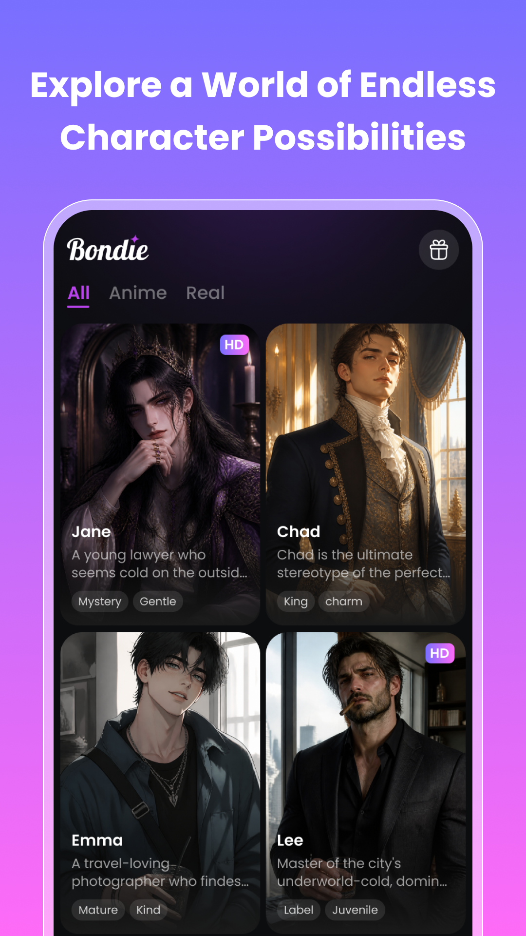Bondie app showing a grid of diverse AI characters with unique personalities